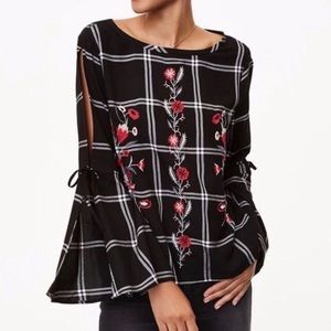 LOFT black and white plaid embroidered top
